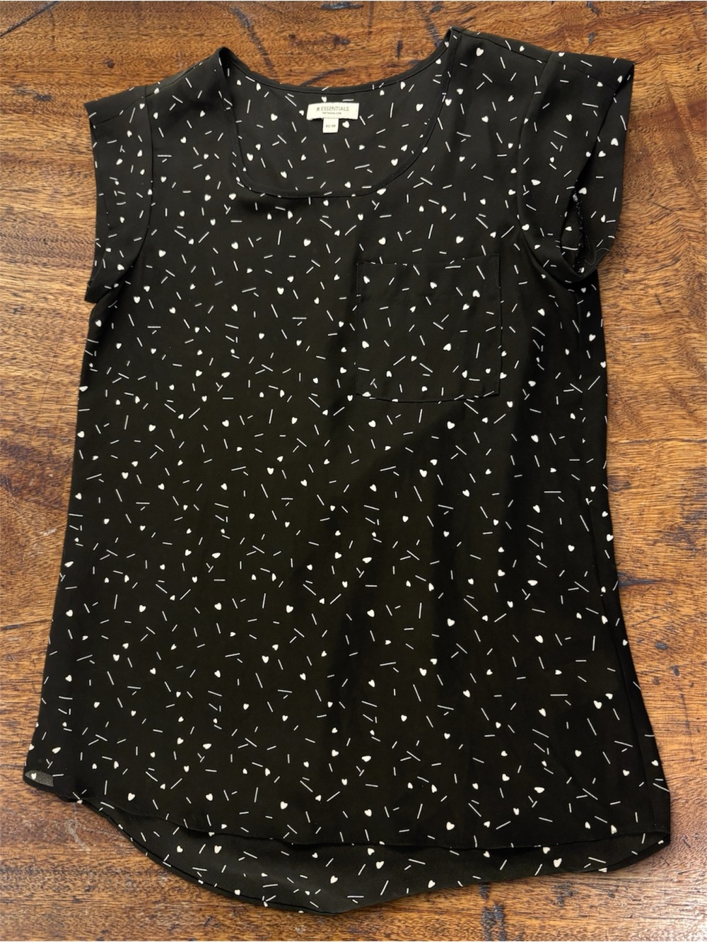 Essentials Black Cap Sleeve Blouse White Abstract Sprinkle Print Size XS
